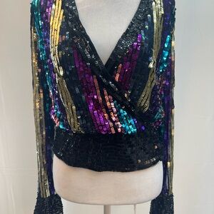 ASOS Black Multi Colored Sequin Wrap Blouse Top 8